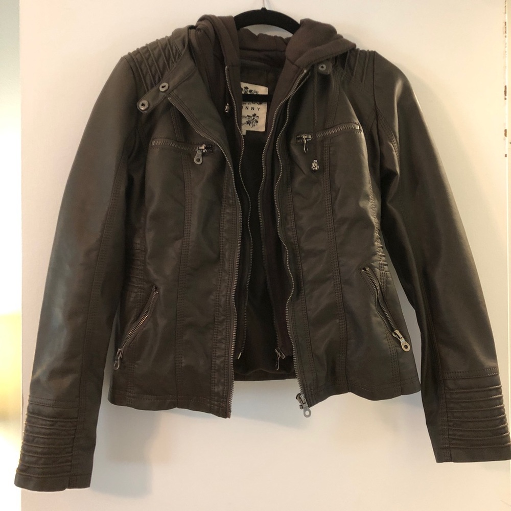 Women’s Brown Leather (Faux) Jacket with Hood